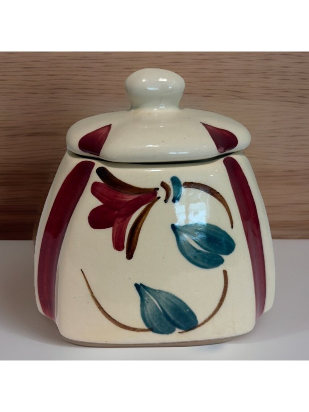 Purinton Pottery Slip Ware Red Blossom Ivy Canister With Lid Hand Painted USA